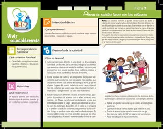 saludablementeVivir
Ficha 7
Ahora es nuestro turno con los coturnos
¿Qué aprenderemos?	
A desarrollar nuestro equilibrio corporal, coordinar mejor nuestros
movimientos y cooperar en equipo.
¿Cómo lo haremos?	
1.	 Antes de dar inicio, delimite el área donde se desarrollará la
actividad. Un día antes de la actividad, indique a los alumnos
que necesitan cubrirse con vendas las rodillas y los codos para
protegerlos; si es posible, podrían llevar rodilleras, coderas y
casco, para evitar accidentes y disfrutar al máximo.
2.	 Forme equipos de cuatro a seis integrantes. Explíqueles bre-
vemente que los coturnos eran los zapatos tipo sandalia que
usaban los señores y las señoras en la antigua Roma, y que en
algunos lugares del mundo todavía se usan. Luego, elijan el
tipo de coturnos que usarán para esta actividad (normales o
especiales) y pongan manos a la obra para elaborarlos.
3.	 Puede trabajar con diferentes circuitos al mismo tiempo, agru-
pando los equipos de acuerdo con su edad, estatura, peso,
nombre, etc. Planee con el grupo los obstáculos y retos que
enfrentarán durante el juego. Cada equipo diseñará un circui-
to (con los materiales disponibles en el patio o en el salón)
y lo probará usando los coturnos para garantizar su factibili-
dad. Luego lo pondrán como reto para los demás equipos. Es
recomendable iniciar con retos accesibles para que los niños
vayan adaptándose. Pueden ir incrementando el nivel de com-
¿Qué necesitamos?	
Un espacio abierto, sin obstáculos,
distintos tipos de pelotas, cuerdas, gi-
ses y coturnos normales o especiales.
¿Qué contenidos fortalece?	
•	 Capacidades perceptivo-motrices.
Equilibrio dinámico (Educación
física, primer ciclo).
Intención didáctica
Desarrollo de la actividad
Materiales
Correspondencia
curricular
plejidad conforme mejoren visiblemente las destrezas de los
alumnos para caminar con los coturnos. Son ejemplos de retos:
•	 Patear una pelota hacia una caja o cubeta acostada (mini-
portería).
•	 Caminar sin tocar ciertos objetos que estén en el piso.
•	 Tratar de avanzar sobre espacios marcados con gis.
•	 Ejecutar una vuelta de 360° sin bajarse de los coturnos.
•	 Pasar de lado por un espacio estrecho.
Nota: Los coturnos normales se pueden fabricar usando dos botes o
cubetas del mismo tamaño; la boca del bote irá en dirección del piso y los
pies del participante pisarán la parte plana. Se atraviesan con un alambre o
cuerda resistente, que formará un asa que llega hasta las manos. Se avanza
jalando el asa y levantando el pie, dando un paso normal. Cuanto más alto
el bote, mayor dificultad.
Por su parte, los coturnos especiales (o cooperativos) consisten en dos bo-
tes del mismo tamaño y unidos con alambre o cinta adhesiva. Sirven para
que dos niños se suban y tengan que coordinarse para dar un paso (como
en la “Carrera de tres pies”).
 