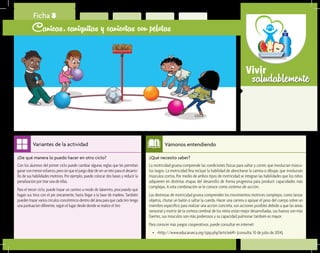 saludablementeVivir
¿Qué necesito saber?	
La motricidad gruesa comprende las condiciones físicas para saltar y correr, que involucran múscu-
los largos. La motricidad fina incluye la habilidad de abrocharse la camisa o dibujar, que involucran
músculos cortos. Por medio de ambos tipos de motricidad se integran las habilidades que los niños
adquieren en distintas etapas del desarrollo de forma progresiva para producir capacidades más
complejas. A esta combinación se le conoce como sistema de acción.
Las destrezas de motricidad gruesa comprenden los movimientos motrices complejos, como lanzar
objetos, chutar un balón o saltar la cuerda. Hacer una carrera o apoyar el peso del cuerpo sobre un
miembro específico para realizar una acción concreta, son acciones posibles debido a que las áreas
sensorial y motriz de la corteza cerebral de los niños están mejor desarrolladas, sus huesos son más
fuertes, sus músculos son más poderosos y su capacidad pulmonar también es mayor.
Para conocer más juegos cooperativos, puede consultar en internet:
•	 <http://www.educarueca.org/spip.php?article641> (consulta: 10 de julio de 2014).
Vámonos entendiendo
¿De qué manera lo puedo hacer en otro ciclo?	
Con los alumnos del primer ciclo puede cambiar algunas reglas que les permitan
ganarconmenoresfuerzo,perosinqueeljuegodejedeserunretoparaeldesarro-
llo de sus habilidades motrices. Por ejemplo, puede colocar dos bases y reducir la
penalización por tirar una de ellas.
Para el tercer ciclo, puede trazar un camino a modo de laberinto, procurando que
hagan sus tiros con el pie únicamente, hasta llegar a la base de madera. También
puedentrazarvarioscírculosconcéntricosdentrodeláreaparaquecadatirotenga
una puntuación diferente, según el lugar desde donde se realice el tiro
Variantes de la actividad
Ficha 8
Canicas, caniquitas y canicotas con pelotas
 