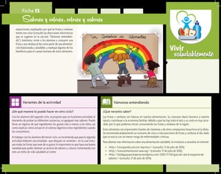 saludablementeVivir
¿Qué necesito saber?	
Las frutas y verduras son básicas en nuestra alimentación. Su consumo diario favorece a nuestra
salud y contribuye a la economía familiar, debido a que las hay todo el año y su costo es muy acce-
sible, por lo que podemos iniciar consumiendo las frutas y verduras de la región.
Estos alimentos son importantes fuentes de vitaminas y de otros compuestos bioactivos en la dieta.
Se recomienda ampliamente un consumo de cinco o más porciones de frutas y verduras al día, dado
que se asocia con un menor riesgo de enfermedades crónicas.
Para obtener más información sobre una alimentación saludable, le invitamos a consultar en internet:
•	 <http://cincopordia.com.mx/wpcinco/> (consulta: 17 de julio de 2014).
•	 <http://www.alimentacion-sana.org/> (consulta: 17 de julio de 2014).
•	 <http://bodegasjuancampinun.wordpress.com/2010/11/04/guia-de-cata-6-esquema-de-
sabores/> (consulta: 21 de julio de 2014).
Vámonos entendiendo
¿De qué manera lo puedo hacer en otro ciclo?	
Con los alumnos del segundo ciclo, se propone que, en la primera actividad, al
momento de probar las diferentes sustancias, se agreguen más sabores. Puede
llevar un registro de qué ingredientes les gustan más o menos a los niños, así
como explicar cómo actúan en el sistema digestivo estos ingredientes cuando
los consumimos.
Al trabajar con los alumnos del tercer ciclo, se recomienda que para la segunda
actividad elaboren una ensalada –que después se comerán–, en la cual inclu-
yan todas las frutas que sean de su gusto; lo importante es que haya una buena
variedad para poder obtener un arcoíris de sabores y colores, fomentando con
esto un estilo de vida saludable al comer.
Variantes de la actividad
Ficha 12
Sabores y colores, colores y sabores
exposiciones, explíqueles por qué las frutas y verduras
tienen ese color (consulte las direcciones electrónicas
que se sugieren en la sección “Vámonos entendien-
do”). Asimismo, invite a los alumnos a consumir una
fruta y una verdura al día como parte de una alimenta-
ción balanceada y saludable, y explique algunos de los
beneficios para el cuerpo humano de estos alimentos.
 