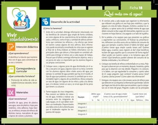 saludablementeVivir
Ficha 18
¡Qué onda con el agua!
¿Qué aprenderemos?	
A identificar la relación que mantene-
mos con el agua, para concientizar en
su uso y consumo.
¿Cómo lo haremos?	
1.	 Antes de la actividad, obtenga información relacionada con
los beneficios de consumir agua simple de forma cotidiana,
así como algunas de las características de las bebidas sabori-
zadas y refrescos, como el tipo y cantidad de aditivos alimen-
ticios que contienen los refrescos, y los efectos que tienen
en nuestro cuerpo algunos de esos aditivos. (Esta informa-
ción puede encontrarla consultando los sitios que se sugieren
al final de la ficha.) Elabore un folleto informativo con los
principales datos que obtuvo y fotocópielo en cantidad sufi-
ciente para entregar al menos uno a cada equipo de trabajo.
Procure que el folleto contenga información objetiva, veraz y
sin juicios de valor; es importante que los alumnos lleguen a
sus propias conclusiones.
2.	 Coloque vasos y algunas jarras de agua distribuidas en el sa-
lón, y una jarra con agua y algunos vasos en su mesa. Comente
con los alumnos algunos datos vitales acerca del agua; por
ejempo: la cantidad de agua potable que hay en el mundo, el
tipo de agua que podemos consumir, la cantidad que es reco-
mendable ingerir y algunos de sus beneficios. Ahora comparta
un vaso de agua con algunos de los niños y pida a los demás
que, si lo desean, tomen un vaso y se sirvan agua de las jarras
que tienen a su alcance.
¿Qué necesitamos?	
Garrafón de agua, jarras de plástico
para agua, vasos de plástico, hojas para
rotafolios, cinta adhesiva, hojas blan-
cas, un refresco, envases de refresco de
distintas marcas, marcadores de agua
o lápices de colores y plumines.
¿Qué contenidos fortalece?	
•	 Promoción de estilos de vida sa-
ludable (Ciencias naturales, tercer
ciclo).
Intención didáctica
Desarrollo de la actividad
Materiales
Correspondencia
curricular
Equipo
¿Bebes agua
simple?
¿Cuántos vasos de agua simple
tomas al día, aproximadamente?
Cuando tienes sed,
¿qué bebes?
Sí No 0 1 2 3 4 5 6 7 8 Agua Refresco Otra
Integrante 1
Integrante 2
Integrante 3
Integrante 4
4.	 Al concluir, pida a cada equipo que organicen la información,
que elaboren una gráfica en una hoja para rotafolios y que la
peguen a la vista de todos. Después, invítelos a analizar los re-
sultados y a opinar acerca de la cantidad mínima de agua que
debenconsumiraldía.Luegodelintercambio,registrensuscon-
clusiones en hojas blancas y las pegarán a un lado de la gráfica.
5.	 Dé la palabra a los equipos para que presenten sus gráficas
y argumenten sus conclusiones. Al finalizar las presentacio-
nes, reflexione con ellos acerca de sus hábitos de consumo de
agua; por ejemplo: ¿cuántos tienen el hábito de beber agua?
¿Cuántos toman agua simple cuando tienen sed? Quienes
beben agua, ¿cuántos vasos ingieren al día? ¿Qué beneficios
reciben del agua aquellos que la consumen de forma regular?
¿Qué sucede con nuestro cuerpo si no tomamos agua sufi-
ciente? ¿Qué beneficios pueden obtener del consumo de las
bebidas endulzadas y los refrescos?
6.	 Coloque una botella de refresco embotellado en su mesa. Pída-
lesquelaobservenporunmomento;después,levántelaygírela
para que la observen con más detalle. Pregunte si lo conocen,
si lo beben, con qué regularidad lo consumen y cuánto saben
de él. Luego pregunte: ¿qué contiene? ¿Cuánta azúcar tiene?
¿Cuántas calorías provee? ¿Cómo saber esta información?
7.	 Entregue a los equipos uno o dos envases vacíos de refresco para
quedetectenensusetiquetaslainformaciónquebrindan.Solicite
quehaganunalistadelosdatosqueencuentrenyquelacompar-
tan con el resto del grupo. Pregunte: ¿cuáles son las principales
3.	 Forme equipos de cinco integrantes.
Para conocer sus hábitos de consu-
mo de agua, invítelos a realizar una
encuesta entre los integrantes de
cada equipo, en el cual deben nom-
brar a un moderador. Proporcióneles
una tabla como la de la derecha para
que el moderador registre las res-
puestas del equipo:
 
