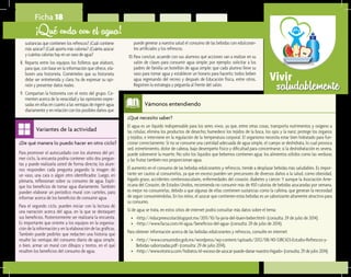 saludablementeVivir
¿Qué necesito saber?	
El agua es un líquido indispensable para los seres vivos, ya que, entre otras cosas, transporta nutrimentos y oxígeno a
las células; elimina los productos de desecho; humedece los tejidos de la boca, los ojos y la nariz; protege los órganos
y tejidos, e interviene en la regulación de la temperatura corporal. El organismo necesita estar bien hidratado para fun-
cionar correctamente. Si no se consume una cantidad adecuada de agua simple, el cuerpo se deshidrata, lo cual provoca
sed, estreñimiento, dolor de cabeza, bajo desempeño físico y dificultad para concentrarse; si la deshidratación es severa,
puede sobrevenir la muerte. No sólo los líquidos que bebemos contienen agua: los alimentos sólidos como las verduras
y las frutas también nos proporcionan agua.
El aumento en el consumo de las bebidas edulcorantes y refrescos, tiende a desplazar bebidas más saludables. Es impor-
tante ser cautos al consumirlos, ya que en exceso pueden ser precursores de diversos daños a la salud, como obesidad,
hígado graso, accidentes cerebrovasculares, enfermedades del corazón, diabetes y cáncer. Y aunque la Asociación Ame-
ricana del Corazón, de Estados Unidos, recomienda no consumir más de 450 calorías de bebidas azucaradas por semana,
es mejor no consumirlas, debido a que algunas de ellas contienen sustancias como la cafeína, que generan la necesidad
de seguir consumiéndolas. En los niños, el azúcar que contienen estas bebidas es un saborizante altamente atractivo para
su consumo.
Si de agua se trata, en estos sitios de internet podrá consultar más datos sobre el tema:
•	 <http://educpreescolar.blogspot.mx/2011/10/la-jarra-del-buen-beber.html> (consulta: 29 de julio de 2014).
•	 <http://www.facsa.com/el-agua/beneficios-del-agua> (consulta: 29 de julio de 2014).
Para obtener información acerca de las bebidas edulcorantes y refrescos, consulte en internet:
•	 <http://www.consumidor.gob.mx/wordpress/wp-content/uploads/2012/08/40-53RC423-Estudio-Refrescos-y-
Bebidas-saborizadas.pdf> (consulta: 29 de julio 2014).
•	 <http://www.vitonica.com/hidratos/el-exceso-de-azucar-puede-danar-nuestro-higado> (consulta: 29 de julio 2014).
Vámonos entendiendo
Para promover el autocuidado con los alumnos del pri-
mer ciclo, la encuesta podría contener sólo dos pregun-
tas y puede realizarla usted de forma directa; los alum-
nos responden cada pregunta pegando la imagen de
un vaso, una cara o algún otro identificador. Luego, en
plenaria, reflexionan sobre su consumo de agua. Expli-
que los beneficios de tomar agua diariamente. También
pueden elaborar un periódico mural con carteles, para
informar acerca de los beneficios de consumir agua.
Para el segundo ciclo, pueden iniciar con la lectura de
una narración acerca del agua, en la que se destaquen
sus beneficios. Posteriormente ser realizaría la encuesta.
Es importante que oriente a los equipos en la organiza-
ción de la información y en la elaboración de las gráficas.
También puede pedirles que redacten una historia que
resalte las ventajas del consumo diario de agua simple,
o bien, armar un mural con dibujos y textos, en el que
resalten los beneficios del consumo de agua.
Variantes de la actividad
Ficha 18
¡Qué onda con el agua!
sustancias que contienen los refrescos? ¿Cuál contiene
más azúcar? ¿Cuál aporta más calorías? ¿Cuánta azúcar
y cuántas calorías hay en un vaso de agua?
8.	 Reparta entre los equipos los folletos que elaboró,
para que, con base en la información que ofrece, ela-
boren una historieta. Coménteles que su historieta
debe ser entretenida y clara; ha de expresar su opi-
nión y presentar datos reales.
9.	 Compartan la historieta con el resto del grupo. Co-
menten acerca de la veracidad y las opiniones expre-
sadas en ellas en cuanto a las ventajas de ingerir agua
diariamente y en relación con los posibles daños que
¿De qué manera lo puedo hacer en otro ciclo?
puede generar a nuestra salud el consumo de las bebidas con edulcoran-
tes artificiales y los refrescos.
10.	Para concluir, acuerde con sus alumnos qué acciones van a realizar en su
salón de clases para consumir agua simple; por ejemplo: solicitar a los
padres de familia un botellón de agua simple; que cada alumno lleve su
vaso para tomar agua y establecer un horario para hacerlo; todos beben
agua regresando del recreo y después de Educación física, entre otros.
Registren la estrategia y péguenla al frente del salón.
 