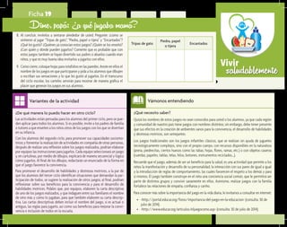 saludablementeVivir
¿De qué manera lo puedo hacer en otro ciclo?	
Las actividades están pensadas para los alumnos del primer ciclo, pero se pue-
den aplicar para todos los alumnos. Si es posible, invite a los padres de familia
o tutores a que enseñen a los niños otros de los juegos con los que se divertían
en su infancia.
Con los alumnos del segundo ciclo, para promover sus capacidades sociomo-
trices y fomentar la realización de actividades en compañía de otras personas,
después de realizar una reflexión sobre los juegos realizados, podrían elaborar
por equipos las instrucciones para jugarlos. Cada equipo seleccionará un juego
y, en cartulinas, por medio de dibujos, explicará de manera secuencial y lógica
cómo jugarlos. Al final de los dibujos, redactarán un enunciado de la forma en
que el juego favorece la convivencia.
Para promover el desarrollo de habilidades y destrezas motrices, a la par de
que los alumnos del tercer ciclo identifican situaciones que demandan la par-
ticipación de todos, se sugiere la realización de otros juegos; al final, podrían
reflexionar sobre sus beneficios para la convivencia y para el desarrollo de
habilidades motrices. Pídales que, por equipos, elaboren la carta descriptiva
de uno de los juegos realizados, y que indaguen entre sus familiares el nombre
de otro más y cómo lo jugaban, para que también elaboren su carta descrip-
tiva. Las cartas descriptivas deben incluir el nombre del juego, si es actual o
antiguo, las reglas para jugarlo, así como sus beneficios para mejorar la convi-
vencia e inclusión de todos en la escuela.
Variantes de la actividad
Ficha 19
Dime, papá: ¿a qué jugaba mamá?
8.	 Al concluir, invítelos a sentarse alrededor de usted. Pregunte: ¿cómo se
sintieron al jugar “Tripas de gato”, “Piedra, papel o tijera” y “Encantados”?
¿Qué les gustó? ¿Quiénes ya conocían estos juegos? ¿Quién se los enseñó?
¿Con quién y dónde pueden jugarlos? Comente que es probable que con
estos juegos también se hayan divertido sus padres o abuelos cuando eran
niños, y que es muy buena idea invitarlos a jugarlos con ellos.
9.	 Como cierre, coloque hojas para rotafolios en las paredes. Anote en ellos el
nombre de los juegos en que participaron y pida a los alumnos que dibujen
o escriban sus sensaciones y lo que les gustó al jugarlos. En el transcurso
del ciclo escolar, los carteles servirán para mostrar de manera gráfica el
placer que generan los juegos en sus alumnos.
¿Qué necesito saber?	
Quizá los nombres de estos juegos no sean conocidos para usted o los alumnos, ya que cada región
y comunidad de nuestro país tiene juegos con nombres distintos; sin embargo, debe tener presente
que sus efectos en la creación de ambientes sanos para la convivencia, el desarrollo de habilidades
y destrezas motrices, son semejantes.
Los juegos tradicionales son los juegos infantiles clásicos, que se realizan sin ayuda de juguetes
tecnológicamente complejos, sino con el propio cuerpo, con recursos disponibles en la naturaleza
(arena, piedrecitas, ciertos huesos como las tabas, hojas, flores, ramas, etc.) o con objetos caseros
(cuerdas, papeles, tablas, telas, hilos, botones, instrumentos reciclados...).
Recuerde que el juego, además de ser un beneficio para la salud, es una actividad que permite a los
niños la manifestación y desarrollo de su personalidad, la interacción con sus pares de igual a igual
y la introducción de reglas de comportamiento, las cuales favorecen el respeto a los demás y para
sí mismos. El juego también construye en el niño una conciencia social común, que le permitirá ser
parte de distintos grupos y convivir sanamente en ellos. Asimismo, realizar juegos con la familia
fortalece las relaciones de empatía, confianza y cariño.
Para conocer más sobre la importancia del juego en la vida diaria, le invitamos a consultar en internet:
•	 <http://portal.educar.org/foros/importancia-del-juego-en-la-educacion> (consulta: 30 de
julio de 2014).
•	 <http://www.educar.org/articulos/eljuegocomo.asp> (consulta: 30 de julio de 2014).
Vámonos entendiendo
Tripas de gato
Piedra, papel 	
o tijera
Encantados
 