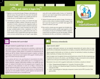 saludablementeVivir
Ficha 20
¿Con qué vamos a jugar hoy?
7.	 Regresenasusestacionesdejuego.Entregueacadaequipouna
bolsa de canicas chicas (al menos 13) y una canica más grande
(“bombocha”, “tómbola”, “tiradora”, etc.) y pídales que tracen un
círculo de unos 3 m de diámetro con gis en su estación.
8.	 Coménteles que jugarán a las canicas, una variante del juego
que realizaban sus padres o abuelos. Colocarán las canicas chi-
cas dentro el círculo y cada uno de los integrantes tendrá un
turno para tirar su “bombocha” desde la orilla del círculo hacia
las canicas colocadas en el centro, buscando sacar del círculo
la mayor cantidad posible de ellas y quedársela. Si la “bom-
bocha” no saca ninguna canica y queda dentro del círculo, el
tiradorpierdesuturno;siquedadentroperologrósacaralguna
canica, su turno continúa hasta que no toque o saque alguna
canica del círculo; también pierde el turno si la “bombocha”
queda sin sacar nada. El juego termina cuando todas las cani-
cas quedan fuera del círculo.
9.	 Destine 10 minutos para que realicen el juego. Al terminar, co-
mente con ellos: ¿cómo se sintieron durante los juegos? ¿Qué
fue lo que más les gusto de la actividad? ¿Qué juguetes les
llamaron la atención y por qué?
10.	Para concluir, comente que esos juguetes han brindado diver-
sión a generaciones pasadas y pueden seguir jugando con ellos
en la escuela y en casa con sus familiares. Invítelos a organizar-
se para formar una ludoteca con este tipo de juegos, mediante
las donaciones de ellos y sus familiares, o elaborándolos.
¿Qué necesito saber?	
Los juguetes tradicionales mexicanos son una expresión representativa de nuestra cultura. La mayor
parte de ellos son elaborados artesanalmente con madera, y se exportan a diferentes partes del mundo.
Algunos juguetes tradicionales son: la lotería, las canicas, las marionetas, la matraca, las piñatas, el
balero, la pirinola y el trompo, entre otros muchos.
Tanto los juegos como los juguetes forman parte del patrimonio cultural. Por ello es importante que
los alumnos los conozcan y los valoren, y que identifiquen el juego y la recreación como un derecho
y parte de una rutina que trae beneficios para su salud física y mental.
Para conocer más acerca de los juguetes tradicionales, le invitamos a consultar en internet:
•	 <http://eljuguetepopular.blogspot.mx/> (consulta: 31 de julio de 2014).
•	 <http://de-paseo.com/depaseosanmiguel/SitiosInteres/MuseoDelJuguete.htm> (consulta:
31 de julio de 2014).
•	 <http://www.inah.gob.mx/index.php/component/content/article/4793> (consulta: 31 de
julio de 2014).
Vámonos entendiendo
¿De qué manera lo puedo hacer en otro ciclo?	
Con la finalidad de fortalecer la descripción de costumbres y tradiciones del
lugar donde viven y reconocer su diversidad, los alumnos del primer ciclo, en
vez de llevar juguetes, pueden elaborar con plastilina una representación del
juguete que más les interesó. Posteriormente pasarán a exponer sus diseños
ante el grupo y explicarán por qué escogieron dicho juguete. También podrían
jugar con la lotería mexicana tradicional.
Con los alumnos del tercer ciclo, para fomentar el conocimiento de la diver-
sidad cultural por continentes, puede pedirles que en su investigación no se
limiten solamente a juguetes tradicionales de México, sino también de otros
países. Se realizará la actividad como está propuesta para el segundo ciclo,
pero además los niños elaborarán un cartel con un dibujo o ilustración del
juguete tradicional de México u otro país, junto con su nombre y una descrip-
ción de cómo se usa. Al final colocarán una frase alusiva a la importancia del
juego para una vida saludable. Asimismo, pueden organizar una exposición de
juguetes internacionales para la comunidad escolar.
Variantes de la actividad
 