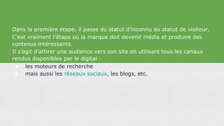 Dans la première étape, il passe du statut d’inconnu au statut de visiteur.
C’est vraiment l’étape où la marque doit devenir média et produire des
contenus intéressants.
Il s’agit d’attirer une audience vers son site en utilisant tous les canaux
rendus disponibles par le digital :
● les moteurs de recherche
● mais aussi les réseaux sociaux, les blogs, etc.
 