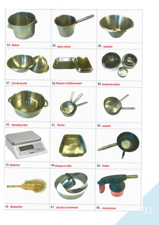 31
Bahut
sautoir
Rondeau bas
Plaque à rôtir
Balance
Russe
Cul de poule Emporte pièce
Plaque à débarrasser
Bain marie Calotte
Poêle
Balayette Cercle à entremet chalumeau
 