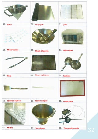 32
Verre doseur
Spatule exoglass
Spatule à déglacer
Marbre
Sauteuse
Feuille silpat
Thermomètre sonde
Plaque à pâtisserie
Pince
Coupe pâte grille
Moule flexipan
Moulin à légumes Micro ondes
Piston
 