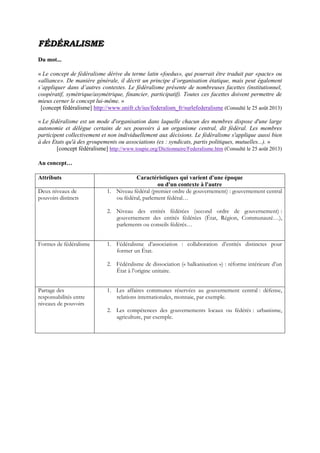 FFÉÉDDÉÉRRAALLIISSMMEE
Du mot...
« Le concept de fédéralisme dérive du terme latin «foedus», qui pourrait être traduit par «pacte» ou
«alliance». De manière générale, il décrit un principe d’organisation étatique, mais peut également
s’appliquer dans d’autres contextes. Le fédéralisme présente de nombreuses facettes (institutionnel,
coopératif, symétrique/asymétrique, financier, participatif). Toutes ces facettes doivent permettre de
mieux cerner le concept lui-même. »
[concept fédéralisme] http://www.unifr.ch/ius/federalism_fr/surlefederalisme (Consulté le 25 août 2013)
« Le fédéralisme est un mode d'organisation dans laquelle chacun des membres dispose d'une large
autonomie et délègue certains de ses pouvoirs à un organisme central, dit fédéral. Les membres
participent collectivement et non individuellement aux décisions. Le fédéralisme s'applique aussi bien
à des Etats qu'à des groupements ou associations (ex : syndicats, partis politiques, mutuelles...). »
[concept fédéralisme] http://www.toupie.org/Dictionnaire/Federalisme.htm (Consulté le 25 août 2013)
Au concept…
Attributs Caractéristiques qui varient d'une époque
ou d'un contexte à l'autre
Deux niveaux de
pouvoirs distincts
1. Niveau fédéral (premier ordre de gouvernement) : gouvernement central
ou fédéral, parlement fédéral…
2. Niveau des entités fédérées (second ordre de gouvernement) :
gouvernement des entités fédérées (État, Région, Communauté…),
parlements ou conseils fédérés…
Formes de fédéralisme 1. Fédéralisme d’association : collaboration d’entités distinctes pour
former un État.
2. Fédéralisme de dissociation (« balkanisation ») : réforme intérieure d’un
État à l’origine unitaire.
Partage des
responsabilités entre
niveaux de pouvoirs
1. Les affaires communes réservées au gouvernement central : défense,
relations internationales, monnaie, par exemple.
2. Les compétences des gouvernements locaux ou fédérés : urbanisme,
agriculture, par exemple.
 