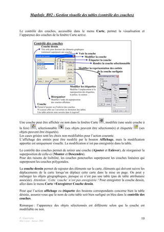 F. Guerreiro
Mise à jour : Janvier 2009
10
MapInfo_B02 - Gestion visuelle des tables (contrôle des couches)
Le contrôle des couches, accessible dans le menu Carte, permet la visualisation et
l’apparence des couches de la fenêtre Carte active.
Contrôle des couches
Voir la couche
Modifier la couche
Rendre la couche sélectionnable
Étiqueter la couche
Modifier la représentation des entités
de la couche surlignée
Couche dessin
Très utile pour dessiner des éléments graphiques
totalement superposés aux couches
Modifier les étiquettes
Modifier l’emplacement et la
superposition des étiquettes,
la police, la couleur…
Réorganiser
Modifier l’ordre de superposition
des couches affichées
Couche
Permet d’ajouter ou d’enlever des couches.
N’a aucun effet sur l’ouverture ou fermeture des tables.
Une table enlevée reste ouverte dans le logiciel!
Une couche peut être affichée ou non dans la fenêtre Carte , modifiée (une seule couche à
la fois) , sélectionnable (ses objets peuvent être sélectionnés) et étiquetée (ses
objets peuvent être étiquetés).
Les cases grisées sont les choix non modifiables pour l’action courante.
L’affichage des entités peut être modifié par le bouton Affichage, mais la modification
apportée est uniquement visuelle. La modification n’est pas enregistrée dans la table.
Le contrôle des couches permet de retirer une couche (Ajouter et Enlever), de réorganiser la
superposition de celle-ci (Monter et Descendre).
Pour des raisons de lisibilité, les couches ponctuelles superposent les couches linéaires qui
superposent les couches polygonales.
La couche dessin permet de rajouter des éléments sur la carte, éléments qui doivent suivre les
déplacements de la carte lorsqu’on déplace cette carte dans la mise en page. On peut y
mélanger les objets géographiques, puisque ce n’est pas une table (pas de table attributaire
associée). Attention : Cette ‘couche’ n’est pas enregistrée ! Pour enregistrer la couche dessin,
allez dans le menu Carte >Enregistrer Couche dessin.
Pour que l’action affichage ou étiquette des boutons correspondants concerne bien la table
désirée, assurez-vous que le nom de cette table soit bien surligné en bleu dans le contrôle des
couches.
Remarque : l’apparence des objets sélectionnés est différente selon que la couche est
modifiable ou non.
 