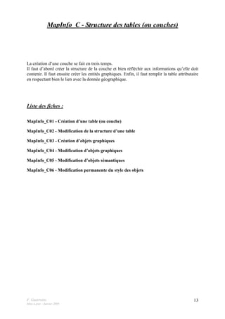 F. Guerreiro
Mise à jour : Janvier 2009
13
MapInfo_C - Structure des tables (ou couches)
La création d’une couche se fait en trois temps.
Il faut d’abord créer la structure de la couche et bien réfléchir aux informations qu’elle doit
contenir. Il faut ensuite créer les entités graphiques. Enfin, il faut remplir la table attributaire
en respectant bien le lien avec la donnée géographique.
Liste des fiches :
MapInfo_C01 - Création d’une table (ou couche)
MapInfo_C02 - Modification de la structure d’une table
MapInfo_C03 - Création d’objets graphiques
MapInfo_C04 - Modification d’objets graphiques
MapInfo_C05 - Modification d’objets sémantiques
MapInfo_C06 - Modification permanente du style des objets
 