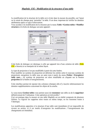 F. Guerreiro
Mise à jour : Janvier 2009
15
MapInfo_C02 - Modification de la structure d’une table
La modification de la structure de la table est à éviter dans la mesure du possible, car l’ajout
ou le retrait de champs peut ‘perturber’ la table. Il est donc important de vérifier les données
attributaires après ce type d’intervention.
Vous accédez à la modification de la structure par le menu Table >Gestion tables >Modifier
structure et la boîte de dialogue suivante apparaît :
Cette boîte de dialogue est identique à celle qui apparaît lors d’une création de table (fiche
C01 si besoin) et se manipule de la même façon.
Le type de projection n’est pas modifiable à partir de cette fenêtre.
Pour modifier un système de projection (et déformer les entités selon le nouveau système de
projection), enregistrez la table sous un autre nom à partir du menu Fichier >Enregistrer
table sous… (le système de projection est alors modifiable en cliquant sur le bouton
projection de la fenêtre d’enregistrement).
Cette interface permet de rajouter des colonnes (champs) afin d’y inscrire ultérieurement les
données supplémentaires concernant les objets de la couche.
Le sous-menu Gestion tables vous permet aussi de renommer une table ou de la supprimer
définitivement de l’ordinateur. Cette opération est irréversible !
Ceci est pratique dans la mesure où une table MapInfo est en réalité composée de plusieurs
fichiers. Le logiciel les supprime alors toutes en même temps, ou les renomme toutes à
l’identique.
Les modifications apportées à la structure d’une table sont immédiates (il est impossible de
revenir en arrière, et il est inutile d’enregistrer les modifications ; l’enregistrement des
changements est immédiat).
 