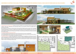 CREATION D’UN PÔLE D’ACCUEIL ET DE RENCONTRE PETITE ENFANCE POUR LA MUTUALITE FRANCAISE DES DEUX SEVRES




la Mutualité Française des Deux sèvres possède un terrain de 10.000m² avec une parcelle de 1500 m² situés avenue de
Limoges à Niort pour l’implantation d’un pôle petite enfance et de rencontre. L’accueil est envisagée pour un
minimum de 40 enfants.
Nous proposons de construire un espace multi-accueil pour 40 à 48 enfants, espace qui pourra être accompagné
d’une salle polyvalente où pourront s’ implanter, soit un RAM (Relais d’assistantes maternelles), soit un LAEP ( lieu
d’activité parents/enfants) soit une mini-crèche indépendante de 20 places ou un jardin d’enfant pour les 3-4 ans, soit
encore agrandir le multi-accueil de 40 places pour en faire un multi-accueil pour 60 enfants, soit toute autre activité
liée à la petite enfance.
Les composantes générales du lieu seront donc :
I) Un multi-accueil pour 40 à 48 enfants avec les locaux du personnel et les services correspondants.
II) Une salle polyvalente dont la surface pourra varier en fonction des besoins et de la volonté d’y faire des activités.
III) Un jardin intérieur, un autre extérieur, et un troisième en terrasse.
L’orientation d’un bâtiment joue un rôle capital dans le choix d’un système énergétique et la réduction des consom-
mations énergétiques. L’orientation de notre terrain nous permet de créer une façade principale au Sud-est et donc de
placer notre jardin/atrium de telle manière qu’il puisse recevoir un maximum de soleil toute l’année, pouvant ainsi
devenir un espace régulateur de chaleur. Très vitré avec des brises soleil qui peuvent coulisser, il permet un apport de
chaleur en hiver, et une protection solaire en été.




                                                                                                                             plan RDC                   plan étage




ESQUISSE : OCTOBRE 2010                                            PRIX : 2.300.000 € HT                                    SHON : 829 m²   MAITRE D’OUVRAGE : MUTUALITE FRANCAISE DES DEUX SEVRES
 