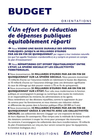 BUDGET
Un effort de réduction
de dépenses publiques
équitablement réparti
Nous VISONS UNE BAISSE DURABLE DES DÉPENSES
PUBLIQUES : JUSQU’A 60 MILLIARDS D’EUROS
PAR AN EN FIN DE QUINQUENNAT par rapport à leur évolution naturelle
(ce que l’on appelle l’évolution « tendancielle ») et y compris en prenant en compte
du plan d’investissement !
Nous RÉPARTIRONS CET EFFORT ÉQUITABLEMENT ENTRE
L’ÉTAT, LA SPHÈRE SOCIALE ET LES COLLECTIVITÉS
TERRITORIALES.
Nous économiserons 25 MILLIARDS D’EUROS PAR AN EN FIN DE
QUINQUENNAT SUR LA SPHÈRE SOCIALE. Nous pouvons économiser
15 milliards d’euros sur l’assurance-maladie en ralentissant la hausse des dépenses,
et 10 milliards d’euros sur l’assurance chômage (avec une diminution significative
du taux de chômage qui doit pouvoir revenir à 7% en fin de quinquennat).
Nous économiserons 25 MILLIARDS D’EUROS PAR AN EN FIN DE
QUINQUENNAT SUR L’ÉTAT. Pour cela, nous moderniserons la fonction
publique, en accompagnant le passage au numérique dans toutes les institutions
et en responsabilisant les ministres, les administrations et les agents.
Nous reviendrons sur des décisions injustifiées, comme la suppression du jour
de carence pour les fonctionnaires, et nous viserons une réduction réaliste
et différenciée des postes dans la fonction publique d’État (50 000 en 5 ans).
Nous économiserons 10 MILLIARDS D’EUROS PAR AN EN FIN DE
QUINQUENNAT GRÂCE À UN PACTE AVEC LES COLLECTIVITÉS
LOCALES. Les collectivités devront s’engager sur une trajectoire de baisse
de leurs dépenses. En contrepartie, l’État rompra avec la méthode de la baisse brutale
des dotations consistant à couper les vivres pour provoquer des économies.
Au contraire, il accompagnera les collectivités dans leurs transformations : 10 milliards
du plan d’investissement, sur cinq ans, leur seront consacrés (pour les équipements,
la transition écologique, etc.)
O R I E N T A T I O N S
P R E M I È R E S P R O P O S I T I O N S
 
