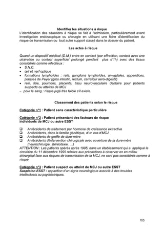 105
I
Id
de
en
nt
ti
if
fi
ie
er
r l
le
es
s s
si
it
tu
ua
at
ti
io
on
ns
s à
à r
ri
is
sq
qu
ue
e
L'identification des situations à risque se fait à l'admission, particulièrement avant
investigation endoscopique ou chirurgie en utilisant une fiche d'identification du
risque de transmission ou tout autre support classé dans le dossier du patient.
Les actes à risque
Quand un dispositif médical (D.M.) entre en contact (par effraction, contact avec une
ulcération ou contact superficiel prolongé pendant plus d’1h) avec des tissus
considérés comme infectieux :
• S.N.C.
• œil et nerf optique
• formations lymphoïdes : rate, ganglions lymphoïdes, amygdales, appendices,
plaques de Peyer (gros intestin, rectum, carrefour aéro-digestif)
• rein, foie, poumons, placenta, tissu neurovasculaire dentaire pour patients
suspects ou atteints de MCJ
− pour le sang : risque jugé très faible s'il existe.
Classement des patients selon le risque
Catégorie n°1 : Patient sans caractéristique particulière
Catégorie n°2 : Patient présentant des facteurs de risque
individuels de MCJ ou autre ESST
‰ Antécédents de traitement par hormone de croissance extractive
‰ Antécédents, dans la famille génétique, d'un cas d'MCJ
‰ Antécédents de greffe de dure-mère
‰ Antécédents d'intervention chirurgicale avec ouverture de la dure-mère
(neurochirurgie, stéréotaxie, …)
ATTENTION : Les patients opérés après 1995, dans un établissement qui a appliqué la
circulaire du 11 décembre 1995 relative aux précautions à observer en en milieu
chirurgical face aux risques de transmission de la MCJ, ne sont pas considérés comme à
risque
Catégorie n°3 : Patient suspect ou atteint de MCJ ou autre ESST
Suspicion ESST : apparition d'un signe neurologique associé à des troubles
intellectuels ou psychiatriques.
 