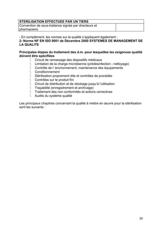 20
STERILISATION EFFECTUEE PAR UN TIERS
Convention de sous-traitance signée par directeurs et
pharmaciens
- En complément, les normes sur la qualité s’appliquent également :
2- Norme NF EN ISO 9001 de Décembre 2000 SYSTEMES DE MANAGEMENT DE
LA QUALITE
Principales étapes du traitement des d.m. pour lesquelles les exigences qualité
doivent être spécifiées
⎝ Circuit de ramassage des dispositifs médicaux
⎝ Limitation de la charge microbienne (prédésinfection - nettoyage)
⎝ Contrôle de l ’environnement, maintenance des équipements
⎝ Conditionnement
⎝ Stérilisation proprement dite et contrôles de procédés
⎝ Contrôles sur le produit fini
⎝ Circuit de distribution et de stockage jusqu’à l’utilisation
⎝ Traçabilité (enregistrement et archivage)
⎝ Traitement des non conformités et actions correctives
⎝ Audits du système qualité
Les principaux chapitres concernant la qualité à mettre en œuvre pour la stérilisation
sont les suivants :
 
