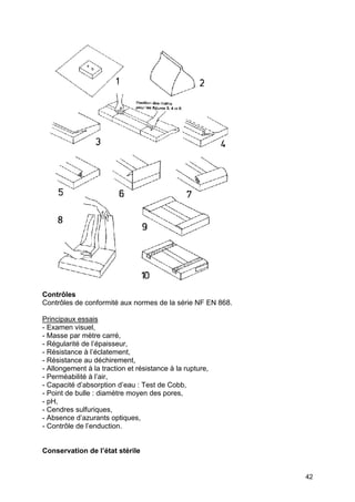42
Contrôles
Contrôles de conformité aux normes de la série NF EN 868.
Principaux essais
- Examen visuel,
- Masse par mètre carré,
- Régularité de l’épaisseur,
- Résistance à l’éclatement,
- Résistance au déchirement,
- Allongement à la traction et résistance à la rupture,
- Perméabilité à l’air,
- Capacité d’absorption d’eau : Test de Cobb,
- Point de bulle : diamètre moyen des pores,
- pH,
- Cendres sulfuriques,
- Absence d’azurants optiques,
- Contrôle de l’enduction.
Conservation de l’état stérile
 