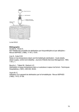 78
Le test HELIX
Bibliographie
Goullet D., Penet A.
Non fiabilité des procédés de stérilisation par trioxyméthylène et par aldhylène -
Revue ADPHSO, (1986), 11 N°2, 73-81.
Line S., Cutts D.W.
Notes on low temperature steam and formaldehyde sterilization - Cycle details,
steam supply, control and reliability - Journal of Sterile Services Management, 1983,
1 N°2, 1.
Nouchy L., Talbert M., Darbord J.C.
Stérilisation à basse température dans un autoclave à vapeur de formol - Techniques
Hospitalières, (1981), 329-330, 58-63.
Veyre M.-C.
Utilisation d’un appareil de stérilisation par le formaldéhyde - Revue ADPHSO
(1982), 7 N°2, 51-56.
 