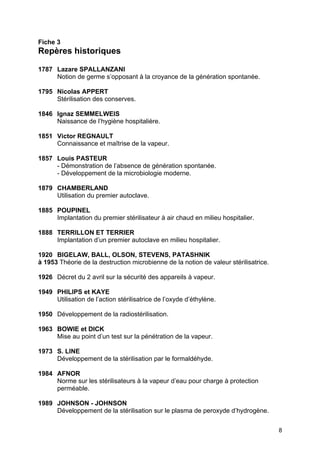 8
Fiche 3
Repères historiques
1787 Lazare SPALLANZANI
Notion de germe s’opposant à la croyance de la génération spontanée.
1795 Nicolas APPERT
Stérilisation des conserves.
1846 Ignaz SEMMELWEIS
Naissance de l’hygiène hospitalière.
1851 Victor REGNAULT
Connaissance et maîtrise de la vapeur.
1857 Louis PASTEUR
- Démonstration de l’absence de génération spontanée.
- Développement de la microbiologie moderne.
1879 CHAMBERLAND
Utilisation du premier autoclave.
1885 POUPINEL
Implantation du premier stérilisateur à air chaud en milieu hospitalier.
1888 TERRILLON ET TERRIER
Implantation d’un premier autoclave en milieu hospitalier.
1920 BIGELAW, BALL, OLSON, STEVENS, PATASHNIK
à 1953 Théorie de la destruction microbienne de la notion de valeur stérilisatrice.
1926 Décret du 2 avril sur la sécurité des appareils à vapeur.
1949 PHILIPS et KAYE
Utilisation de l’action stérilisatrice de l’oxyde d’éthylène.
1950 Développement de la radiostérilisation.
1963 BOWIE et DICK
Mise au point d’un test sur la pénétration de la vapeur.
1973 S. LINE
Développement de la stérilisation par le formaldéhyde.
1984 AFNOR
Norme sur les stérilisateurs à la vapeur d’eau pour charge à protection
perméable.
1989 JOHNSON - JOHNSON
Développement de la stérilisation sur le plasma de peroxyde d’hydrogène.
 