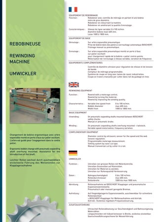 REBOBINEUSE

REWINDING
MACHINE

UMWICKLER
                                                         EQUIPEMENT DE REBOBINAGE
                                                         Fonction :      Rebobiner avec contrôle de métrage en partant d’une bobine
                                                                         mère de gros diamètre.
                                                                         Rebobiner en retournant la matière.
                                                                         Rebobiner en améliorant la qualité d’enroulage.
                                                         Caractéristiques :   Vitesse de ligne variable 0 à 100 m/min.
                                                                              Diamètre bobine maxi 600 mm.
                                                                              Laize 1000 à 1800 mm.
                                                         EQUIPEMENT DE BASE
                                                         Déroulage :          Sur arbre expansible pneumatique.
                                                                              Prise de bobine dans des paliers à verrouillage automatique BOSCHERT.
                                                                              Freinage manuel ou pneumatique.
                                                         Enroulage :          Sur arbre expansible pneumatique monté en porte à faux
                                                                              sur palier oscillant
                                                                              pour changement rapide de la bobine + palier contre-pointe.
                                                                              Motorisation de l’enroulage à vitesse variable, variation de fréquence.
                                                         EQUIPEMENTS COMPLÉMENTAIRES
                                                                              Contrôle de diamètre ultrason pour régulation de vitesse et de tension
                                                                              de bande.
                                                                              Compteur de métrage programmable.
                                                                              Système de coupe en long avec lames de rasoir industrielles.
                                                                              Coupe en travers manuelle par cutter dans rail de guidage en Inox.




                                                         REWINDING EQUIPMENT
                                                         Function :           Rewind with a meterage control.
                                                                              Rewind by turning the material.
                                                                              Rewind by improving the winding quality.
                                                         Characteristics :    Variable line speed from      0 to 100 m/min.
                                                                              Bobbin diameter               max 600 mm.
                                                                              Width from                    1000 to 1800 mm.
                                                         BASIC EQUIPMENT
                                                         Unwinding :          On pneumatic expanding shafts mounted between BOSCHERT
                                                                              safety chucks.
                                                                              Manual or pneumatic brake.
                                                         Winding :            On pneumatic expanding shafts overhung mounted + tailstock.



Changement de bobine ergonomique avec arbre
                                                                              Variable speed motorization, frequency variation.



expansible monté en porte à faux sur palier oscillant.
L’arbre est guidé pour l’engagement dans le contre
                                                         COMPLEMENTARY EQUIPMENT




palier.
                                                                              Diameter control by ultrasonic sensor for the speed and the web
                                                                              tension regulation.



Ergonomic bobbin change with pneumatic expanding
                                                                              Programmable meterage measurement.




shaft overhung mounted. Assistance for the
                                                                              Slitting system by razor cut type.




introduction of the shaft.
                                                                              Manual transversal cut by cutter in a rail.




Leichter Rollen wechsel durch auschwenkbare
wickelwelle Führung des Wellenendes zur
Klapplageraufnahme
                                                         UMWICKLER

                                                         Funktion :           Umrollen von grossen Rollen mit Meterkontrolle.
                                                                              Umrollen Grossrollen auf Kleinrollen.
                                                                              Umrollen für Material zu wenden.
                                                                              Umrollen zur Rollenqualität Verbesserung.
                                                         Daten :              Bahngeschwindigkeit           0 bis 100 m/min.
                                                                              Rollendurchmesser             max 600 mm.
                                                                              Rollenbreite                  1000 bis max 1800 mm.
                                                         Abrollung :          Rollenaufnahme auf BOSCHERT Klapplager und pneumatische
                                                                              Expansionswickelwelle.
                                                                              Pneumatisch oder manuell geregelte Bremse.
                                                         Aufrollung :         Auf fliegendgelagerte Expansionswelle, auschwenkbar für schnellere
                                                                              Rollenwechsel
                                                                              + BOSCHERT Klapplager für Wellenaufnahme und Antrieb.
                                                                              Antrieb : Stufenlos regelbare Frequenzsteuerung.
                                                         ZUSATZAUSFÜHRUNG
                                                                              Ultraschall Rollenabtastung zur Geschwindigkeit und Bahnzuregelung.
                                                                              Meterzähler.
                                                                              Längsschneiden mit Industriemesser in Breite, stufenlos einstellbar.
                                                                              Querschneidführungsschiene für Messerführung.
 