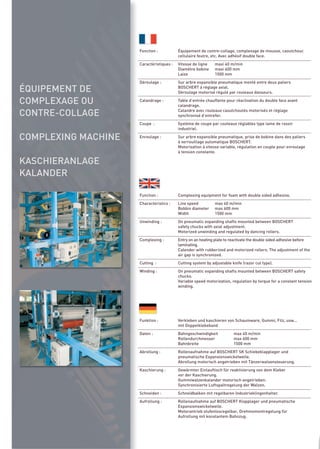 ÉQUIPEMENT DE
COMPLEXAGE OU
CONTRE-COLLAGE

COMPLEXING MACHINE

KASCHIERANLAGE
KALANDER
                     Fonction :           Équipement de contre-collage, complexage de mousse, caoutchouc
                                          cellulaire feutre, etc. Avec adhésif double face.
                     Caractéristiques :   Vitesse de ligne    maxi 40 m/min
                                          Diamètre bobine     maxi 600 mm
                                          Laize               1500 mm
                     Déroulage :          Sur arbre expansible pneumatique monté entre deux paliers
                                          BOSCHERT à réglage axial.
                                          Déroulage motorisé régulé par rouleaux danseurs.
                     Calandrage :         Table d’entrée chauffante pour réactivation du double face avant
                                          calandrage.
                                          Calandre avec rouleaux caoutchoutés motorisés et réglage
                                          synchronisé d’entrefer.
                     Coupe :              Système de coupe par couteaux réglables type lame de rasoir
                                          industriel.
                     Enroulage :          Sur arbre expansible pneumatique, prise de bobine dans des paliers
                                          à verrouillage automatique BOSCHERT.
                                          Motorisation à vitesse variable, régulation en couple pour enroulage
                                          à tension constante.




                     Function :           Complexing equipment for foam with double sided adhesive.
                     Characteristics :    Line speed          max 40 m/min
                                          Bobbin diameter     max 600 mm
                                          Width               1500 mm
                     Unwinding :          On pneumatic expanding shafts mounted between BOSCHERT
                                          safety chucks with axial adjustment.
                                          Motorized unwinding and regulated by dancing rollers.
                     Complexing :         Entry on an heating plate to reactivate the double sided adhesive before
                                          laminating.
                                          Calender with rubberized and motorized rollers. The adjustment of the
                                          air gap is synchronized.
                     Cutting :            Cutting system by adjustable knife (razor cut type).
                     Winding :            On pneumatic expanding shafts mounted between BOSCHERT safety
                                          chucks.
                                          Variable speed motorization, regulation by torque for a constant tension
                                          winding.




                     Funktion :           Verkleben und kaschieren von Schaumware, Gummi, Filz, usw...
                                          mit Doppelklebeband
                     Daten :              Bahngeschwindigkeit           max 40 m/min
                                          Rollendurchmesser             max 600 mm
                                          Bahnbreite                    1500 mm
                     Abrollung :          Rollenaufnahme auf BOSCHERT SK Schiebeklapplager und
                                          pneumatische Expansionswickelwelle.
                                          Abrollung motorisch angetrieben mit Tänzerwalsensteuerung.
                     Kaschierung :        Gewärmter Einlauftisch für reaktivierung von dem Kleber
                                          vor der Kaschierung.
                                          Gummiwalzenkalander motorisch angetrieben.
                                          Synchronisierte Luftspaltregelung der Walzen.
                     Schneiden :          Schneidbalken mit regelbaren Industrieklingenhalter.
                     Aufrollung :         Rollenaufnahme auf BOSCHERT Klapplager und pneumatische
                                          Expansionswickelwelle.
                                          Motorantrieb stufenlosregelbar, Drehmomentregelung für
                                          Aufrollung mit konstantem Bahnzug.
 