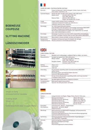 BOBINEUSE
    COUPEUSE

    SLITTING MACHINE

    LÄNGSSCHNEIDER
                                       COUPE EN LONG – COUTEAU/CONTRE-COUTEAU
                                       Fonction :           Coupe multiple pour refente de papier, carton, tissus, non tissé,
                                                            tissu enduit, caoutchouc, etc.
                                       Caractéristiques :   Vitesse de ligne variable selon matière 100 à 300 m/min
                                                            Bobine mère         diamètre 600 à 1000 mm
                                                                                laize 1000-1500 mm
                                                            Bobines filles      diamètre 250 à 500 mm
                                                                                largeur des bandes mini 15 mm
                                       Coupe                coupe cisaille couteau contre-couteau ou
                                       3 variantes :        coupe par écrasement molette sur arbre dur ou
                                                            coupe par lame de rasoir industriel.
                                       Déroulage :          Sur arbre expansible pneumatique.
                                                            Prise de bobine dans des paliers à verrouillage automatique BOSCHERT.
                                                            Freinage à réglage pneumatique par contrôle de diamètre.
                                                            Recentrage automatique de la bobine avec alignement sur un bord
                                                            avec retour automatique au centre.
                                       Enroulage :          Enroulage en quinconce sur deux arbres expansibles pneumatiques
                                                            à friction, montage en porte à faux ou entre deux paliers BOSCHERT.
                                       Motorisation :       Motorisation à vitesse variable, variation de fréquence.
                                       Equipements       Compteur de vitesse de ligne et compteur de métrage.
                                       complémentaires : Rouleau presseur à commande pneumatique.




                                       LONGITUDINAL SECTION
                                       Function :           Manifold cut for slitting paper, cardboard, fabrics, rubber, non woven…
                                       Charactéristics :    Variable line speed from 100 to 300 m/min
                                                            Mother bobbin       diameter from 600 to 1000 mm
                                                                                width 1000-1500 mm
                                                            Daughter bobbin diameter from 250 to 500 mm
                                                                                minimum width 15 mm
                                       Slitting             shear cut or
                                       3 possibilities :    score cut or




    coupe en long
                                                            razor cut




    couteau/contre-couteau
                                       Unwinding :          On pneumatic expanding shaft mounted between BOSCHERT
                                                            safety chucks.
                                                            Pneumatic brake controlled by bobbin diameter.
                                                            Automatic Web guiding system.




    Cutting shaft
                                       Winding :            On two friction & pneumatic expanding shafts, overhung mounted




    Shear cut
                                                            or between safety chucks.
                                       Motorization :       Variable speed motorization, frequency variation.
                                       Complementary        Meterage & speed measurement.




    Scherenschnitt ober messer Welle
n
                                       equipment :          Squeeze roll with pneumatic command.




                                       LÄNGSSCHNEIDER
                                       Fuktion :            Längsschneiden von Papier, Pappe, Fliess, Gummi, Folie,usw...
                                       Daten :              Bahngeschwindigkeit                       100 bis 300 m/min
                                                            Rollendurchmesser Abrollung               600 bis max 1000 mm
                                                            Rollenbreite Abrollung                    1000 bis max 1500 mm
                                                            Rollendurchmesser Aufrollung              250 bis max 500 mm
                                                            Rollenbreite Aufrollung                   bis min 15 mm
                                       Schneiden            Scherenschnitt : Messer - Gegenmesser
                                       Drei Systeme :       Quetschnitt : auf harter Walze
                                                            Industriemesser.
                                       Abrollung :          Rollenaufnahme auf BOSCHERT Klapplager und pneumatische
                                                            Expansionswickelwelle.
                                                            Pneumatischgeregelte Bremse, Durchmesserabtastungregelung.
                                                            Automatische Kantensteuerung.
                                       Aufrollung :         Aufrollung auf zwei Frikzionswickelwellen fliegendgelagert
                                                            oder BOSCHERT Klapplager.
                                       Antriebe :           Stufenlosregelbar Frequenzsteuerung.
                                                            Bahngeschwindigkeits Anzeige.
                                                            Meterzähler.
                                                            Pneumatischgesteuerte Andruckwalze.
 