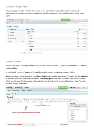 4. L’ONGLET « PAGES & FILES »
Si vous cliquez sur l’onglet « Pages & Files », vous verrez apparaître les pages et les dossiers qui existent
actuellement sur votre wiki ainsi que la date de leur dernière modification. Vous pouvez modifier le nom de vos
pages.

5. L’ONGLET « WIKI »
Lorsque vous cliquez sur l’onglet « Wiki », vous avez deux modes possibles : « View » le mode lecture et « Edit » le
mode d’édition.
Le mode « Edit » permet d’ajouter ou de modifier des éléments sur la page que vous avez choisie.
Quand vous cliquez sur l’onglet « Edit », une barre d’outils et un encadré apparaissent. L’encadré sert à la rédaction
et la barre d’outils vous permet de travailler sur la mise en page de votre texte. La barre d’outils est assez simple à
utiliser car elle ressemble beaucoup à celle des traitements de texte et elle comprend la police, le style, l’insertion
d’images, de liens hypertextes…

 