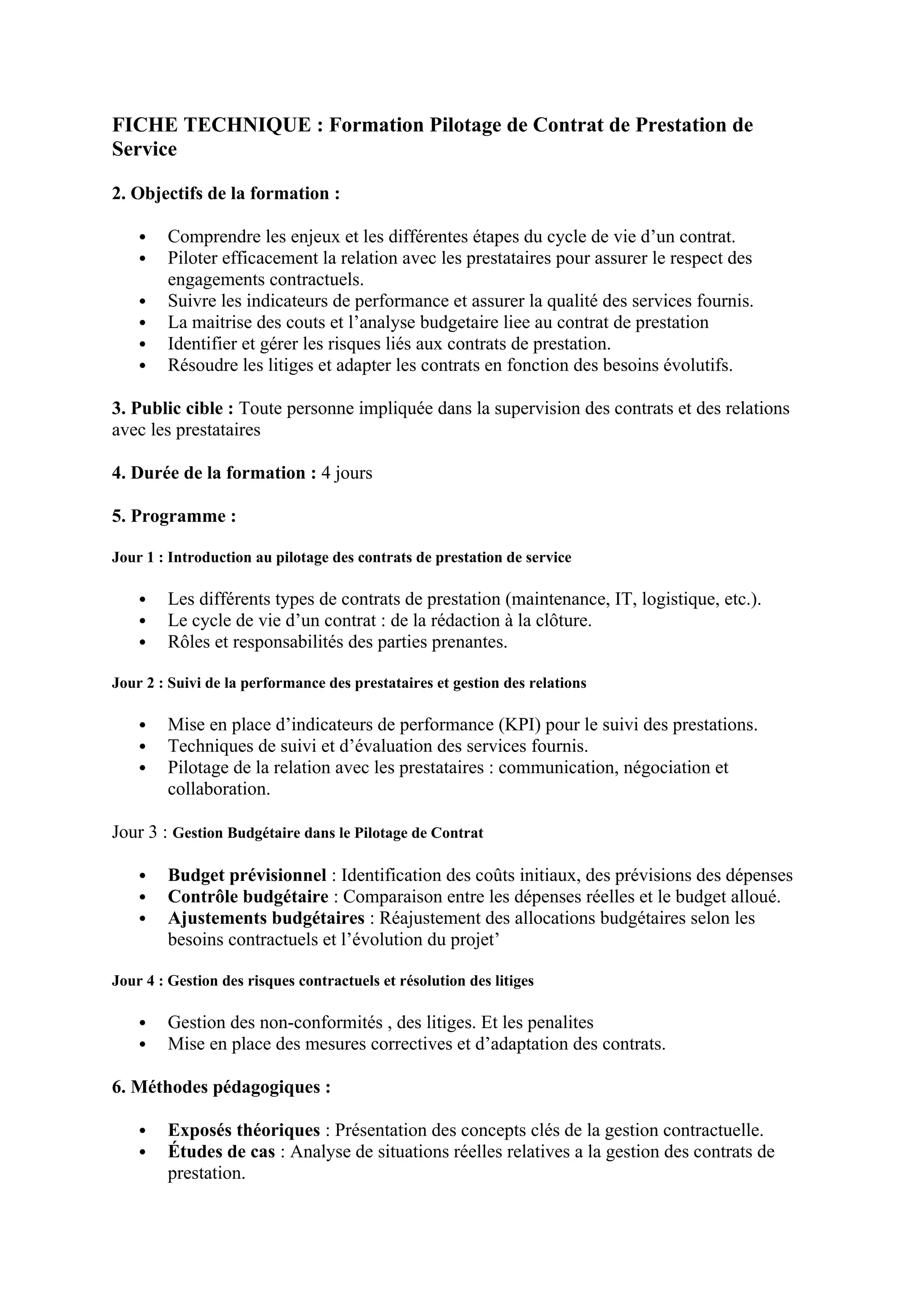 FICHE TECHNIQUE Pilotage de Contrat des prestation ( contract
