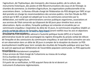 l’agriculture ,de l’hydraulique ,des transports ,des travaux publics ,de la culture ,des
monuments historiques ,des postes et télé Ŕécommunications des eaux et de l’énergie ,la
chambre de commerce ,la chambre d’agriculture ,les organisations professionnelle et les
associations divers . Le Bureau d’étude chargé de l’élaboration du POS désigné par l’APC et qui
doit prendre en charge les recommandations des services publics. Une fois l’étude du POS
achevé par le BET, ce projet est adopté par la ou les communes concernées par la
délibération, est notifié aux administrations services publiques organismes, associations et
aux services de l’état concernés qui disposent de 60 jours pour émettre leurs avis ou
observations. Après ces délais, l’enquête publique est entamée et encadrée par un
commissaire enquêteur. L’expiration du délai de 15 jours, le commissaire enquêteur établit un
procès-verbal de clôture de l’enquête, dans lequel seront notifiés tous les avis et objections
des citoyens et associations
c) La phase d’approbation et de mise en application
Le dossier du POS modifié est adressé à l’autorité politique locale (APC) et à l’autorité
administrative locale (le wali) accompagné du registre d’enquête du procès-verbal de clôture
de l’enquête et des conclusions du commissaire enquêteur, le wali doit faire connaitre son avis
et son observation dans un délai de 30 jours à compter de la réception du dossier. Le POS
éventuellement modifié pour tenir compte des résultats de l’enquête publique ainsi que l’avis
du wali est approuvé par délibération de l’assemblée populaire communale. Le POS approuvée
est notifié aux :Aux walis territorialement compétent
Aux services de l’état chargé de l’urbanisme au niveau de la wilaya
A la chambre de commerce.
A la chambre d’agriculture.
A partir de sa notification, le POS acquiert force de loi et devient un
instrument d’urbanisme réglementaire.
 