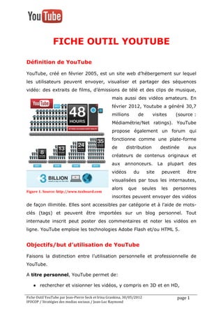  




                       FICHE OUTIL YOUTUBE

Définition de YouTube

YouTube, créé en février 2005, est un site web d’hébergement sur lequel
les utilisateurs peuvent envoyer, visualiser et partager des séquences
vidéo: des extraits de films, d’émissions de télé et des clips de musique,
                                                                           mais aussi des vidéos amateurs. En
                                                                           février 2012, Youtube a généré 30,7
                                                                           millions               de         visites      (source :
                                                                           Médiamétrie/Net ratings). YouTube
                                                                           propose également un forum qui
                                                                           fonctionne comme une plate-forme
                                                                           de           distribution              destinée             aux
                                                                           créateurs de contenus originaux et
                                                                           aux         annonceurs.               La    plupart          des
                                                                           vidéos             du          site    peuvent             être
                                                                           visualisées par tous les internautes,
                                                                           alors          que         seules      les    personnes
Figure	
  1.	
  Source:	
  http://www.tuxboard.com	
  
                                                                           inscrites peuvent envoyer des vidéos
de façon illimitée. Elles sont accessibles par catégorie et à l'aide de mots-
clés (tags) et peuvent être importées sur un blog personnel. Tout
internaute inscrit peut poster des commentaires et noter les vidéos en
ligne. YouTube emploie les technologies Adobe Flash et/ou HTML 5.


Objectifs/but d’utilisation de YouTube

Faisons la distinction entre l’utilisation personnelle et professionnelle de
YouTube.

A titre personnel, YouTube permet de:

       ● rechercher et visionner les vidéos, y compris en 3D et en HD,

Fiche	
  Outil	
  YouTube	
  par	
  Jean-­‐Pierre	
  Seck	
  et	
  Irina	
  Grankina,	
  30/05/2012	
                      page	
  1	
  	
  
IFOCOP	
  /	
  Stratégies	
  des	
  medias	
  sociaux	
  /	
  Jean-­‐Luc	
  Raymond	
  
	
  
 