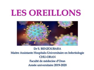 Dr S. BENZOUBARA
Maitre Assistante Hospitalo-Universitaire en Infectiologie
CHU-ORAN
Faculté de médecine d’Oran
Année universitaire 2019-2020
LES OREILLONS
 