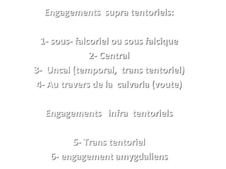 Engagements supra tentoriels:
1- sous- falcoriel ou sous falcique
2- Central
3- Uncal (temporal, trans tentoriel)
4- Au travers de la calvaria (voute)
Engagements infra tentoriels
5- Trans tentoriel
6- engagement amygdaliens
 
