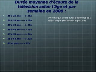 Durée moyenne d’écoute de laDurée moyenne d’écoute de la
télévision selon l’âge et partélévision selon l’âge et par
semaine en 2008 :semaine en 2008 :
15 à 25 ans ----> 15h15 à 25 ans ----> 15h
20 à 24 ans ----> 18h20 à 24 ans ----> 18h
25 à 34 ans ----> 19h25 à 34 ans ----> 19h
35 à 44 ans ----> 15h35 à 44 ans ----> 15h
45 à 54 ans ----> 21h45 à 54 ans ----> 21h
55 à 64 ans ----> 23h55 à 64 ans ----> 23h
65 et plus ----> 27h65 et plus ----> 27h
On remarque que la durée d’audience de la
télévision par semaine est importante
 