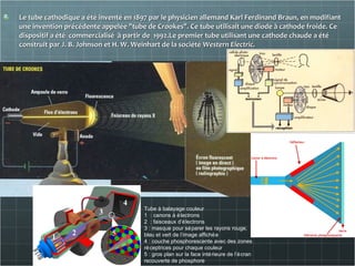 Le tubeLe tube cathodique a été inventé en 1897 par le physicien allemand Karl Ferdinand Braun, en modifiantcathodique a été inventé en 1897 par le physicien allemand Karl Ferdinand Braun, en modifiant
une invention précédente appelée "tube de Crookes". Ce tube utilisait une diode à cathode froide. Ceune invention précédente appelée "tube de Crookes". Ce tube utilisait une diode à cathode froide. Ce
dispositif a été commercialisé à partir de 1992.Le premier tube utilisant une cathode chaude a étédispositif a été commercialisé à partir de 1992.Le premier tube utilisant une cathode chaude a été
construit par J. B. Johnson et H. W. Weinhart de la sociétéconstruit par J. B. Johnson et H. W. Weinhart de la société Western Electric.Western Electric.
Tube à balayage couleur
1 : canons à électrons
2 : faisceaux d’électrons
3 : masque pour séparer les rayons rouge,
bleu et vert de l’image affichée
4 : couche phosphorescente avec des zones
réceptrices pour chaque couleur
5 : gros plan sur la face intérieure de l’écran
recouverte de phosphore
 