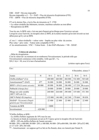 18 
EBE – DAP = Revenu imposable 
Revenu imposable x (1 – T) + DAP = Flux de trésorerie d'exploitation (FTE) 
FTE – ΔBFR = Flux de trésorerie disponible (FTD). 
FT est le dernier flux, c'est le flux de trésorerie en T : FTD 
+ La valeur résidelle des bâtiments, terrains, machines achetées au tout début 
+ Récupération du BFR 
Tous les ans, le BFR varie, c'est une part d'argent qu'on bloque pour l'exercice suivant. 
Lorsqu'on cesse l'activité, on récupère alors ce BFR, de la même manière qu'on doit investir au tout 
début pour qu'il y ait un BFR. 
cf. exo 1 : valeur résiduelle = valeur vente – Impôts sur plus value de cession. 
Plus value = prix vente – Valeur nette comptable (VNC) 
cf. les amortissements : VNC = Valeur brute – Σ des DAP effectuées = VB – ΣDAP. 
Critères de selection : 
- Délai de récupération : 
C'est la valeur de t au moment où on rembourse l'investissement, la période telle que 
l'investissement commence à être rentable, t telle que ΣFT = I0. 
Σft (1+k)-t = I0, avec k le taux d'actualisation. 
(critères repris apres l'exo) 
Exo : 
4 Decembre, séance 5 
Année N N+1 N+2 N+3 N+4 N+5 
Chiffre d'affaire* (CA) 400 000 440 000 484 000 532 400 585 640 
Amortissement** (DAP) 0** 56 000 56 000 56 000 56 000 56 000 
BFR*(=20%CA année suivante) 80 000 88 000 96 800 106 480 117 218 0 (récupéré) 
Publucité (charge fixe) 20 000 20 000 20 000 20 000 20 000 
Marge sur coût variable 
240 000 264 600 290 400 319 440 351 384 
(MCV=60% du CA) 
(MCV-Pub)(1-IS (impôts)) 132 000 146 400 162 240 179 664 98 830 
ISxDAP : l'économie d'impôt 
22 400 22 400 22 400 22 400 22 400 
générée par l'investissement 
Variation de BFR + 8000 
Investissement – 620 000 
*Chiffre d'affaire et BFR : 
- Le chiffre d'affaire augmente de 10% tous les ans. 
- Le besoin en fonds de roulement est nul en N+5 parce qu'on le récupère (fin de l'activité) 
- BFR = 20% du chiffre d'affaire de l'année suivante : 
80 000= 20% x 400 000, 88 000= 20% x 440 000, 96 800= 20%x484 000, 106 480= 20%x532 400, 
et 117 218= 20% 585 640. 
** - Amortissement : on suppose qu'il se fait en fin d'année, donc on n'amorti pas l'énnée N. 
 