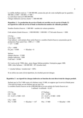 8 
Le chiffre d'affaire total est : 7 100 000 000, somme des prix de vente multipliés par les quantités : 
900 000 x 6 000 + 100 000 x 17 000 = 
Le coût direct total est 6 000 000 000. 
Charges indirectes (service client) = 1 000 000 000 
Hypothèse 1 : La production du service d'étude est corrélée avec le service d'étude (?) 
on répartit les coûts du service d'étude en fonction du nombre de véhicules produits. 
Nombre d'unités d'oeuvre : 1 000 000 = nombre de voitures produites. 
Coût unitaire d'unité d'oeuvre : 1 000 000 000 / 1 000 000 = CT/nb unité d'oeuvre = 1000. 
CT Clio : 
Cout direct : 5 000 
Cout indirect : coût unitaire d'une unité d'oeuvre x nombre d'unité d'oeuvre consommées par la 
production d'une seule Clio) : 1000 x 1 = 1 000 
=> CT = 6 000 
CTu = +6000 
Or, prix = 6 000 => Résultat = 0 
Safrane : 
charges directes : 15 000 
charges indirectes : 1000 
Coût total = 16 000 
Or, le prix est de 17000, donc , pour chaque Safrane produite, l'entreprise gagne 1000. 
1000 x nbre Safranes = 100 000 000 = RT (résultat total) 
=> résultat Safrane / résultat total = 100% 
Si on utilise une autre clé de répartition, les résultats peuvent changer. 
Hypothèse 2 : on répartit les charges indirectes en fonction du cout direct total de chaque produit. 
Sachant que la Clio 5 000 coute et la Safrane coute 15 000, on suppose que le service d'étude passe 
3 fois plus de temps sur une Safrane que sur une Clio. 
Le nombre d'unité d'oeuvre est de 6 000 000 000 et le cout unitaire de l'unité d'oeuvre est : 
1 milliard / 6 milliards = 0,167. 
CT Clio : 
CD = 5 000 
CI = 0,167 x 5 000 = 833 
CTu = 5883 
Prix = 6 000 => Résultat = +167 
CT Safrane : 
CD = 15 000 
CI = 0,167 x 15 000 = 2500 
CT : 17 500 
Prix : 17 000 => Résultat = -500 
 
