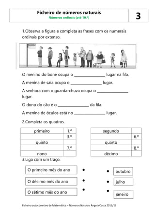 Ficheiro autocorretivo de Matemática – Números Naturais Ângela Costa 2016/17
1.Observa a figura e completa as frases com os numerais
ordinais por extenso.
O menino do boné ocupa o __________________ lugar na fila.
A menina de saia ocupa o __________________ lugar.
A senhora com o guarda-chuva ocupa o __________________
lugar.
O dono do cão é o __________________ da fila.
A menina de óculos está no __________________ lugar.
2.Completa os quadros.
primeiro 1.º segundo
3.º 6.º
quinto quarto
7.º 8.º
nono décimo
3.Liga com um traço.
Ficheiro de números naturais
Números ordinais (até 10.º) 3
O primeiro mês do ano
O décimo mês do ano
O sétimo mês do ano
outubro
julho
janeiro
 