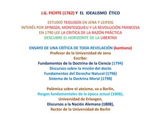 J.G. FICHTE (1762) Y  EL  IDEALISMO  ÉTICO ESTUDIÓ TEOLOGÍA EN JENA Y LEIPZIG INTERÉS POR SPINOZA, MONTESQUIEU Y LA REVOLUCIÓN FRANCESA EN 1790 LEE LACRITICA DE LA RAZÓN PRÁCTICA DESCUBRE EL HORIZONTE DE LA LIBERTAD ENSAYO DE UNA CRÍTICA DE TODA REVELACIÓN (kantiano) Profesor de la Universidad de Jena Escribe: Fundamentos de la Doctrina de la Ciencia (1794) Discursos sobre la misión del docto Fundamentos del Derecho Natural (1796) Sistema de la Doctrina Moral (1798) Polémica sobre el ateismo, va a Berlín,  Rasgos fundamentales de la época actual (1806),  Universidad de Erlangen,   Discursos a la Nación Alemana (1808), Rector de la Universidad de Berlín 