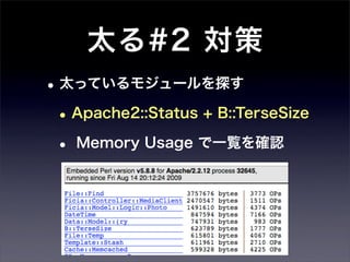 太る#2 対策
• 太っているモジュールを探す
 • Apache2::Status + B::TerseSize
 • Memory Usage で一覧を確認
 