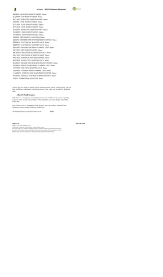 eGreen – FICO Business Blueprint

  BLDDIV BUILDING MAINTENANCE Hours
  CAPMTN CAP MAINTENANCE Hours
  CCVMTN CHK CIVIL MAINTENANCE Hours
  CIVDIV CIVIL MAINTENANCE Hours
  CVLMTC CIVIL MAINTENANCE Hours
  CVUACT CIVIL MAINTENANCE Hours
  DAMCIV DAM CIVIL MAINTENANCE Hours
  DAMMTC DAM MAINTENANCE Hours
  DAMMTN DAM MAINTENANCE Hours
  DIAMA DIELE&MATL ANALYSIS Hours
  DISDIV DISTRIBUTION SYSTEM MAINTENANCE Hours
  ELEMNT ELECTRICAL MAINTENANCE Hours
  ELEMTC ELECTRICAL MAINTENANCE Hours
  GENMTN GENERATOR MAINTENANCE UNIT Hours
  HRTMNT HRT MAINTENANCE Hours
  MCHMTN MECHANICAL MAINTENANCE Hours
  MECMTC MECHANICAL MAITNENACE Hours
  MTCACT POWER PLANT MAITENANCE Hours
  PCVMTN PLING CIVIL MAINTENANCE Hours
  RABMNT ROADS AND BUILDING MAINTENANCE Hours
  SYDMTN SWITCHYARD MAINTENANCE UNIT Hours
  TCVMTN TSL CIVIL MAINTENANCE Hours
  TURMTN TURBINE MAINTENANCE UNIT Hours
  VAMMTN VEHICLE AND MACH MAINTENANCE Hours
  VEHMTC VEHICLE AND MACH MAINTENANCE Hours
  VIATA VIBR&THER ANALYSIS Hours




Activity types are created in general and not machinery/resource specific . General activity type can
bring out different combinations with different resources. These values can be defined in Realization
Phase.

          4.9.3.1.7 Profit Centers
Profit Center is a management oriented Organizational unit in SAP used for internal c ontrolling
purpose. It enables to analyze the profitability of the responsibility areas and to delegate responsibility
to such units.

Profit Center will be of Geographical Areas (Regions, Sites, and Offices), Functional Areas
(Production, Sales) or Products (Products or Product lines).

The Standard Hierarc hy of the profit centers will be                                    DGPC.




Wipro Ltd.                                                                                                              Page 126 of 146
© Wipro Limited, 2010, All Rights Reserved.
This document is proprietary to Wipro Infotech, a division of Wipro Limited.
You may not modify, copy, reproduce, republish, upload, post, transmit or distribute any material from this document,
in any form or by any means, nor may you modify or create derivative works based on the text of any file, or any part
thereof for public, private or commercial use, without prior written permission from Wipro Limited.
 