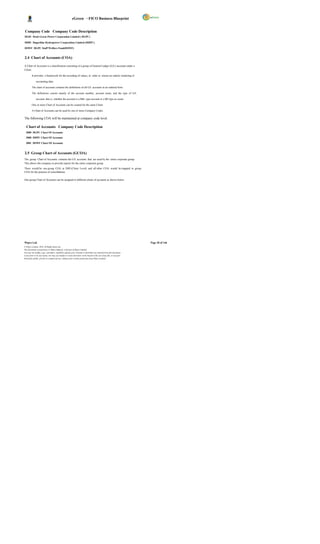 eGreen – FICO Business Blueprint


 Company Code Company Code Description
DG01 Druk Green Power Corporation Limited ( DGPC)

DH01 Dagachhu Hydropower Corporation Limited (DHPC)

DSWF DGPC Staff Welfare Fund(DSWF)


2.4 Chart of Accounts (COA)

A Chart of Accounts is a classification consisting of a group of General Ledger (G/L) accounts under a
Client.

         It provides a framework for the recording of values, in order to ensure an orderly rendering of

              accounting data.

         The chart of accounts contains the definitions of all G/L accounts in an ordered form.

         The definitions consist mainly of the account number, account name, and the type of G/L

              account, that is, whether the account is a P&L type account or a BS type ac count.

         One or more Chart of Accounts can be created for the same Client

         A Chart of Accounts can be used by one or more Company Codes.

The following COA will be maintained at company code level.

  Chart of Accounts Company Code Description
  3000 DGPC Chart Of Accounts
  3000 DHPC Chart Of Accounts

  3001 DSWF Chart Of Accounts


2.5 Group Chart of Accounts (GCOA)
The group Chart of Accounts contains the G/L accounts that are used by the entire corporate group.
This allows the company to provide reports for the entire corporate group.
There would be one group COA at DHI (Client Level) and all other COA would be mapped to group
COA for the purpose of consolidation.

One group Chart of Accounts can be assigned to different charts of accounts as shown below:




Wipro Ltd.                                                                                                              Page 20 of 146
© Wipro Limited, 2010, All Rights Reserved.
This document is proprietary to Wipro Infotech, a division of Wipro Limited.
You may not modify, copy, reproduce, republish, upload, post, transmit or distribute any material from this document,
in any form or by any means, nor may you modify or create derivative works based on the text of any file, or any part
thereof for public, private or commercial use, without prior written permission from Wipro Limited.
 