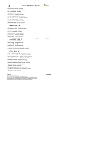 eGreen – FICO Business Blueprint

Plant & Machinery 1030310001 1030329999
Tools & Safety Equipment 1030400001 1030499999
Other Assets 1030500001 1030599999
Intangible As sets 1030600001 1030699999
PFD- Civil Structure 1040100001 1040199999
PFD- Plant & Machinery 1040210001 1040229999
PFD- Tools & Safety Equipment 1040300001 1040399999
PFD- Other Assets 1040400001 1040499999
PFA-Intangible Assets 1040500001 1040599999
Capital Work in Progress 1050100001 1050199999
Losses and write off 1060100001 1060199999
 2 Liabilities From To
Current Liability 2010100001 2010199999
Employee Related Liabilities 2010200001 2010299999
Provisions 2020110001 2020129999
Domestic Loan 2030100001 2030199999
Foreign Sovereign loan 2030200001 2030299999
Foreign-Commercial 2030300001 2030399999
Foreign-Multilateral 2030400001 2030499999

                  Interest Accrued But Not Due                                                              2030500001   2030599999
 3 Owners Equity From To
Share Capital 3010100001 3010199999
Reserves & Surplus 3010200001 3010299999
 4 Income From To
Electricity Revenue 4010100001 4010199999
Income from Short Term Investment 4020110001 4020129999
Income from Long Term Investment 4020210001 4020229999
Other Income 4020300001 4020399999
 5 Expenses From To
Purchase of Energy, Wheeling Charges 5010100001 5010199999
Running & Maintenance of Civil Structure 5010210001 5010219999
Running & Maintenance of Plant & Machinery 5010220001 5010229999
Operation & Maintenanc e Expenses 5020110001 5020119999
Depreciation-Civil Structures 5020210001 5020219999
Depreciation-Plant and Machinery 5020220001 5020239999
Depreciation-Tools & Safety Equipment 5030230001 5030239999
Depreciation-Other Assets 5020240001 5020249999
Amortization 5020250001 5020259999
Employee Remuneration & Benefits 5020310001 5020319999
Human Recourses Development Expenses 5020320001 5020329999
Staff Welfare 5020330001 5020339999




Wipro Ltd.                                                                                                                  Page 24 of 146
© Wipro Limited, 2010, All Rights Reserved.
This document is proprietary to Wipro Infotech, a division of Wipro Limited.
You may not modify, copy, reproduce, republish, upload, post, transmit or distribute any material from this document,
in any form or by any means, nor may you modify or create derivative works based on the text of any file, or any part
thereof for public, private or commercial use, without prior written permission from Wipro Limited.
 