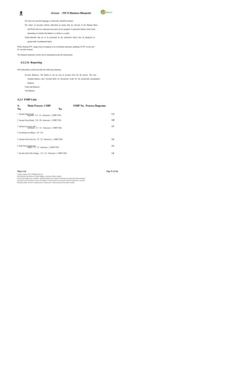 eGreen – FICO Business Blueprint

            The item texts and the language in which they should be printed

            The charts of accounts and the individual ac counts that are relevant to the Balance Sheet

                  and Profit and Loss statement (accounts can be assigned to particular balance sheet items

                  depending on whether the balance is a debit or a credit)

            Totals/subtotals that are to be presented on the statements (these may be displayed as

                  group totals or graduated totals).

While framing FSV, ranges may be assigned so as to facilitate automatic updating of FSV on any new
GL account creation.

The financial statement version can be maintained as per the requirement.



      4.2.2.16 Reporting

SAP information system provides the following reporting

            Account Balances- The balanc es can be seen at account level for the period. This also

                  includes balance carry forward, debit for the period, credit for the period and accumulated

                  balances.

            Totals and Balances

            Trial Balance



4.2.3 FSBP Link

S.                Main Process CSBP                                                             FSBP No. Process Diagrams
No.                                                                   No.
1 Income from Fixed                                                                                                               2.A
            Deposits 2.A 2.A Annexure 1_FSBP.VSD-

2 Income from Bonds 2.B 2.B Annexure 1_FSBP.VSD-                                                                                  2.B


3 Interest on Loans and                                                                                                           2.C
             Advances 2.C 2.C Annexure 1_FSBP.VSD-

4 Investment on Shares 2.D 2.D


5 Income from Services 2.E 2.E Annexure 1_FSBP.VSD-                                                                               2.E


6 Rent from Employees/                                                                                                            2.F
            Others 2.F 2.F Annexure 1_FSBP.VSD-


7 Income from Hire charges 2.G 2.G Annexure 1_FSBP.VSD-                                                                           2.E




Wipro Ltd.                                                                                                                  Page 51 of 146
© Wipro Limited, 2010, All Rights Reserved.
This document is proprietary to Wipro Infotech, a division of Wipro Limited.
You may not modify, copy, reproduce, republish, upload, post, transmit or distribute any material from this document,
in any form or by any means, nor may you modify or create derivative works based on the text of any file, or any part
thereof for public, private or commercial use, without prior written permission from Wipro Limited.
 