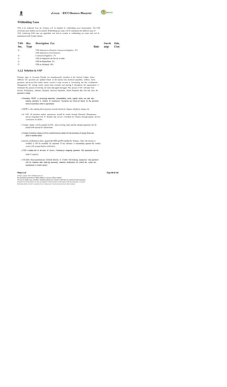 eGreen – FICO Business Blueprint


Withholding Taxes

TDS to be deducted from the Vendors will be handled by withholding taxes functionality. The TDS
certificates and challans can be printed. Withholding tax codes will be maintained for different rates of
TDS. Following TDS rates are applicable and will be created as withholding tax codes and will be
maintained in the Vendor Master.


 TDS           Rec.            Description Tax                                                                                 Surch      Edu.
 Sec.          Type                                                                                                     Rate   arge       Cess
18                             TDS deducted on Domestic Contractors/Suppliers 2%
                               TDS deducted on Non Domestic
18                             Contractors/Suppliers 3%
12                             TDS on employees are bas ed on slabs
12                             TDS on House Rent 5%
13                             TDS on Dividend 10%


4.3.2 Solution in SAP

Postings made in Accounts Payable are simultaneously recorded in the General Ledger, where
different G/L accounts are updated based on the transac tion involved (payables, utilities, down
payments and so on).The vendor master record is used not only in Accounting but also in Materials
Management. By storing vendor master data centrally and sharing it throughout the organization, it
eliminates the process of entering the same data again and again. The process of AP will start from
Invoice Verification, Advance Payment, Services Payments, Direct Payment and will end once the
payment is made.

       o Presently, DGPC is procuring materials, consumables, tools, capital items, etc and also
            making payment to vendors & contractors. Payments are releas ed based on the payment
            terms in purchase order or agreement.

       o DGPC is also making direct payment towards electricity charges, telephone charges etc.

       o In SAP, all purchase related transactions should be routed through Materials Management
            and are integrated with FI Module and invoice is booked by Finance through logistic Invoice
            verification for DGPC.

       o Vendor master will be created for POL and revolving fund and the advance payment will be
            posted with special GL transactions.

       o Vendor Customer relation will be created between plants for the purchase of energy from one
            plant to another plant.

       o Invoice verification is done against the GRN and PO number by Finance. Once the invoice is
            verified, it will be available for payment. If any advance is outstanding against the vendor,
            system will prompt during verification.

       o TDS is deduc ted at the time of invoic e booking or outgoing payment. Part payments can be

              made if required.

       o All other direct payments are booked directly in Vendor bill booking transaction and payment
             will be released after mak ing necessary statutory deductions for which tax codes are
             maintained in vendor master.


Wipro Ltd.                                                                                                                       Page 60 of 146
© Wipro Limited, 2010, All Rights Reserved.
This document is proprietary to Wipro Infotech, a division of Wipro Limited.
You may not modify, copy, reproduce, republish, upload, post, transmit or distribute any material from this document,
in any form or by any means, nor may you modify or create derivative works based on the text of any file, or any part
thereof for public, private or commercial use, without prior written permission from Wipro Limited.
 