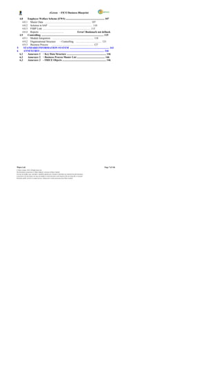 eGreen – FICO Business Blueprint

  4.8     Employee Welfare Scheme (EWS) ............................................................. 107
     4.8.1 Master Data ......................................................................... 107
     4.8.2 Solution in SAP ..................................................................... 110
     4.8.3 FSBP Link ........................................................................... 115
     4.8.4 Reports ......................................                      Error! Bookmark not defined.
  4.9     Controlling. .................................................................................................. 115
     4.9.1 Module Integration ................................................................. 118
     4.9.2 Organizational Structure                 – Controlling. ......................................... 121
     4.9.3 Business Process .................................................................. 127
5     STANDARD INFORMATION SYSTEM .............................................................. 143
6     ANNEXURES ..................................................................................................... 146
  6.1     Annexure 1 – Key Data Structure .............................................................. 146
  6.2     Annexure 2 – Business Process Master List ............................................ 146
  6.3     Annexure 3 – FRICE Objects ..................................................................... 146




Wipro Ltd.                                                                                                              Page 7 of 146
© Wipro Limited, 2010, All Rights Reserved.
This document is proprietary to Wipro Infotech, a division of Wipro Limited.
You may not modify, copy, reproduce, republish, upload, post, transmit or distribute any material from this document,
in any form or by any means, nor may you modify or create derivative works based on the text of any file, or any part
thereof for public, private or commercial use, without prior written permission from Wipro Limited.
 