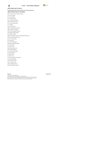 eGreen – FICO Business Blueprint

Abbreviations and Acronyms.
The following abbreviations and acronyms have been used in this document:
 Abbreviation/Acronym Description
DGPC Druk Green Power Corporation Limited
AA Asset Ac counting
AP Accounts Payable
AR Accounts Receivable
AUC Asset under Construction
BBP Business Blueprint Process
CCA Cost Center Accounting
CO Controlling
COA Chart Of Account
CSBP Current State Business Process
CWIP Capital Work In Progress
DMS Document Management System
EWS Employee Welfare Scheme
FI Financial Acc ounting
FRICE Format, Reports, Interface, Configuration & Enhancement
FSBP Future State Business Process
G/L or GL. General Ledger
GR Goods Receipt
IM Investment Management
JEMR Joint Energy Meter Reading
IR Invoice Receipts
JV Journal Voucher
MAP Moving Average Price
MM Material Management
PCA Profit Center Accounting
PM Plant Maintenance
PO Purchase Order
PS Project Sys tem
SAP System, Applications and Products
SD Sales and Distribution
STO Stock Trans fer Order
T-Code Transaction Code
TDS Tax Deducted at Source
WBS Work Breakdown Structure




Wipro Ltd.                                                                                                              Page 8 of 146
© Wipro Limited, 2010, All Rights Reserved.
This document is proprietary to Wipro Infotech, a division of Wipro Limited.
You may not modify, copy, reproduce, republish, upload, post, transmit or distribute any material from this document,
in any form or by any means, nor may you modify or create derivative works based on the text of any file, or any part
thereof for public, private or commercial use, without prior written permission from Wipro Limited.
 