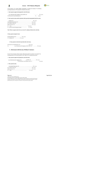 eGreen – FICO Business Blueprint

of the respective G/L accounts happens automatically on posting the document. The following
accounting transactions will be passed for retirement with revenue,

1. Entry passed on approval of proposal for write off of assets,

     Loss, Retirement and Sc rapping of Assets (WDV) A/C                                                          … ……… …    ..Dr. xx,xxx
To Provision for Asset Obsolescence A                                                                                /C…… xx,xxx

2. Entry passed on sales and the transaction will be generated automatically from the system,

     Customer A/C ......................................................................................        Dr. xx,xxx
Accumulated Depreciation A/C....................................................................Dr. xx,xxx
G/L on Sale of Asset A/C .............................................................................Dr. xx,xxx
Sale of an Asset A/C.................................................................................... Dr. xx,xxx
To      Asset...........................................................................    Cr.xx,xxx
To Sale of an Asset (Clearing Account)...........................                             Cr. xx,xxx


Note: If there was gain on sale, the Loss on Asset GL would get reflected in the credit side.



3. Entry passed on deposit of cash,


Incoming Bank/Cash A/C ............................Dr. xx,xxx
To Customer A/C .............................Cr. xx,xxx



        4. Entry passed on write back of provision after sale of asset,


Provision for Asset Obsolescence A/C……                                                 ............Dr. xx,xxx
To                             Loss, Retirement and Scrapping of Assets (WDV) A/C                               ……………..Dr. xx,xxx



        C. Retirement with Revenue (Without Customer)


In case of Asset retirement without customer, Master data creation for customer is not required. The
incoming payment will be directly posted to Cash / Bank A/C by crediting sales proceeds.

1. Entry passed on approval of proposal for write off of assets,

   Loss, Retirement and Sc rapping of Ass             ets (WDV) A/C ……………..Dr. xx,xxx
                              To Provision for Asset Obsolesc ence A/C……             Cr.xx,xxx

2. Entry passed on sales,

     Accumulated Depreciation A/C....................................................................Dr. xx,xxx
G/L on Sale of Asset A/C ............................................................................ Dr. xx,xxx
Sale of an Asset A/C.................................................................................... Dr. xx,xxx
To      Asset...........................................................................        Cr. xx,xxx




Wipro Ltd.                                                                                                                                  Page 90 of 146
© Wipro Limited, 2010, All Rights Reserved.
This document is proprietary to Wipro Infotech, a division of Wipro Limited.
You may not modify, copy, reproduce, republish, upload, post, transmit or distribute any material from this document,
in any form or by any means, nor may you modify or create derivative works based on the text of any file, or any part
thereof for public, private or commercial use, without prior written permission from Wipro Limited.
 