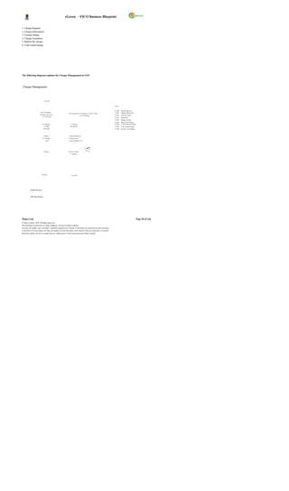 eGreen – FICO Business Blueprint


1. Cheque Register
2. Cheque Information
3. Unused cheque
4. Cheque renumbers
5. Reprint the cheque
6. Void issued cheque




The following diagram explains the Cheque Management in SAP;



 Cheque Management



                                S TA RT


                                                                                                                        N ote:-


                                                                                                                        F CHN     Cheq ue Regi s ter
                         M is c ell aneous                                                                              F CH1     Cheque Inform ation
                                                               B i ll i ng In S A P or M IGO or W ork O rder
                        B il l ing or Inv oi c e                                                                        F CH3     Unus ed C heque
                                                                                   or Cas h Memos
                            V e ri fic ati on
                                                                                                                        F CH4     Renum ber
                                                                                                                        F CH5     Manual Che que
                                                                                                                        F CH7     Repr int the Cheq ue
                            P os ti ng out                         P osti ng                                            F CH8     V oid Pa yme nt Cheque
                                G oing                           Do cume nt                                             F CH9     V oid Iss ued C heque
                               P ay ment                                                                                F CHE     D el ete V oi d Cheque s



                               Chequ e                        1. Che que Regi s ter
                             P r int ing i n                  2. Che que Lots
                                  SAP                         3. Is su e Cheque s, E tc




                               Chequ e                        Joi nt or S ing le
                                                                 S i gantur y




                            Che que
                                                                   S TA RT




           Online Process


           Off- line Process




Wipro Ltd.                                                                                                                                                   Page 96 of 146
© Wipro Limited, 2010, All Rights Reserved.
This document is proprietary to Wipro Infotech, a division of Wipro Limited.
You may not modify, copy, reproduce, republish, upload, post, transmit or distribute any material from this document,
in any form or by any means, nor may you modify or create derivative works based on the text of any file, or any part
thereof for public, private or commercial use, without prior written permission from Wipro Limited.
 