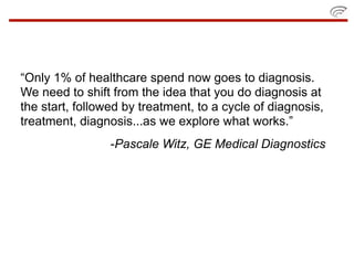 “Only 1% of healthcare spend now goes to diagnosis.
We need to shift from the idea that you do diagnosis at
the start, followed by treatment, to a cycle of diagnosis,
treatment, diagnosis...as we explore what works.”
                 -Pascale Witz, GE Medical Diagnostics
 