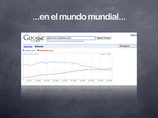 Versión texto ;-)
2/3 de los usuarios de internet visitan redes
    sociales. (Nielsen, Global Faces & Network Places, 2009)
 Interactuar en webs sociales es la cuarta
 actividad en internet por delante del email
    personal (Nielsen, Global Faces & Network Places, 2009)
 El tiempo empleado en redes sociales está
   creciendo 3 veces por encima del ratio
general de la red (Nielsen, Global Faces & Network Places, 2009)
 