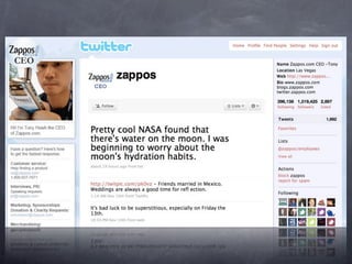 Ya está pasando...
 El 63% de los consumidores investigan en
  internet antes de tomar una decisión de
          compra. (Forrester Research, 2007)
 El 68% dice que “una persona como yo” es
la fuente de información más fidedigna (Edelman
                    Trust Barometer, 2007)

   El 78% de las personas confían en las
 recomendaciones de otros consumidores
           (Nielsen Trust in Advertising Report, 2007)
 