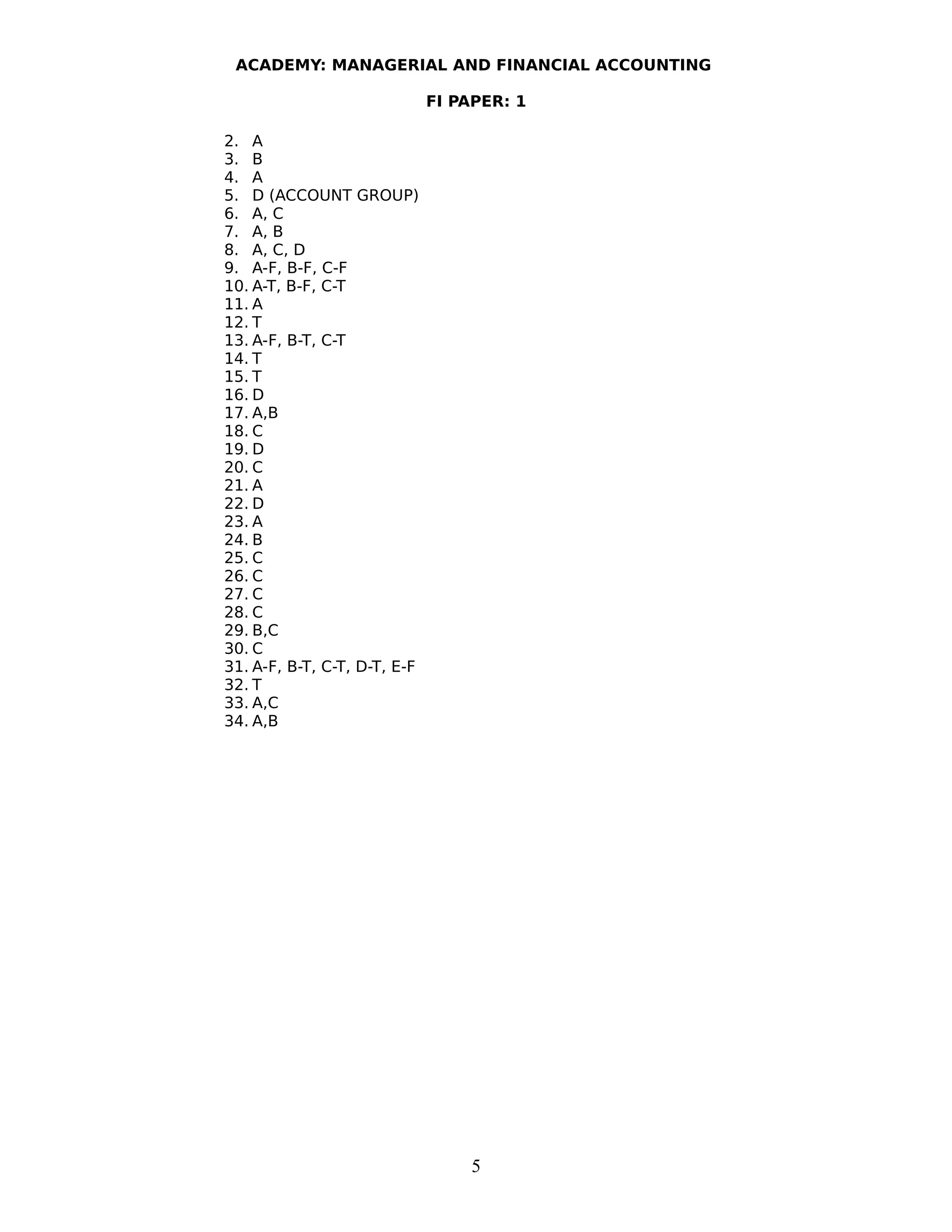 ACADEMY: MANAGERIAL AND FINANCIAL ACCOUNTING
FI PAPER: 1
2. A
3. B
4. A
5. D (ACCOUNT GROUP)
6. A, C
7. A, B
8. A, C, D
9. A-F, B-F, C-F
10. A-T, B-F, C-T
11. A
12. T
13. A-F, B-T, C-T
14. T
15. T
16. D
17. A,B
18. C
19. D
20. C
21. A
22. D
23. A
24. B
25. C
26. C
27. C
28. C
29. B,C
30. C
31. A-F, B-T, C-T, D-T, E-F
32. T
33. A,C
34. A,B
5
 